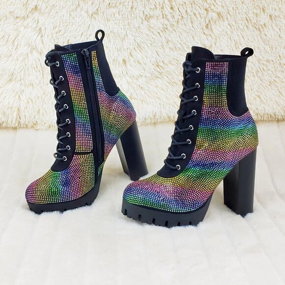 Rainbow Sparkle Rhinestone Chunky High Heel Ankle Boots - Picture 17 of 17